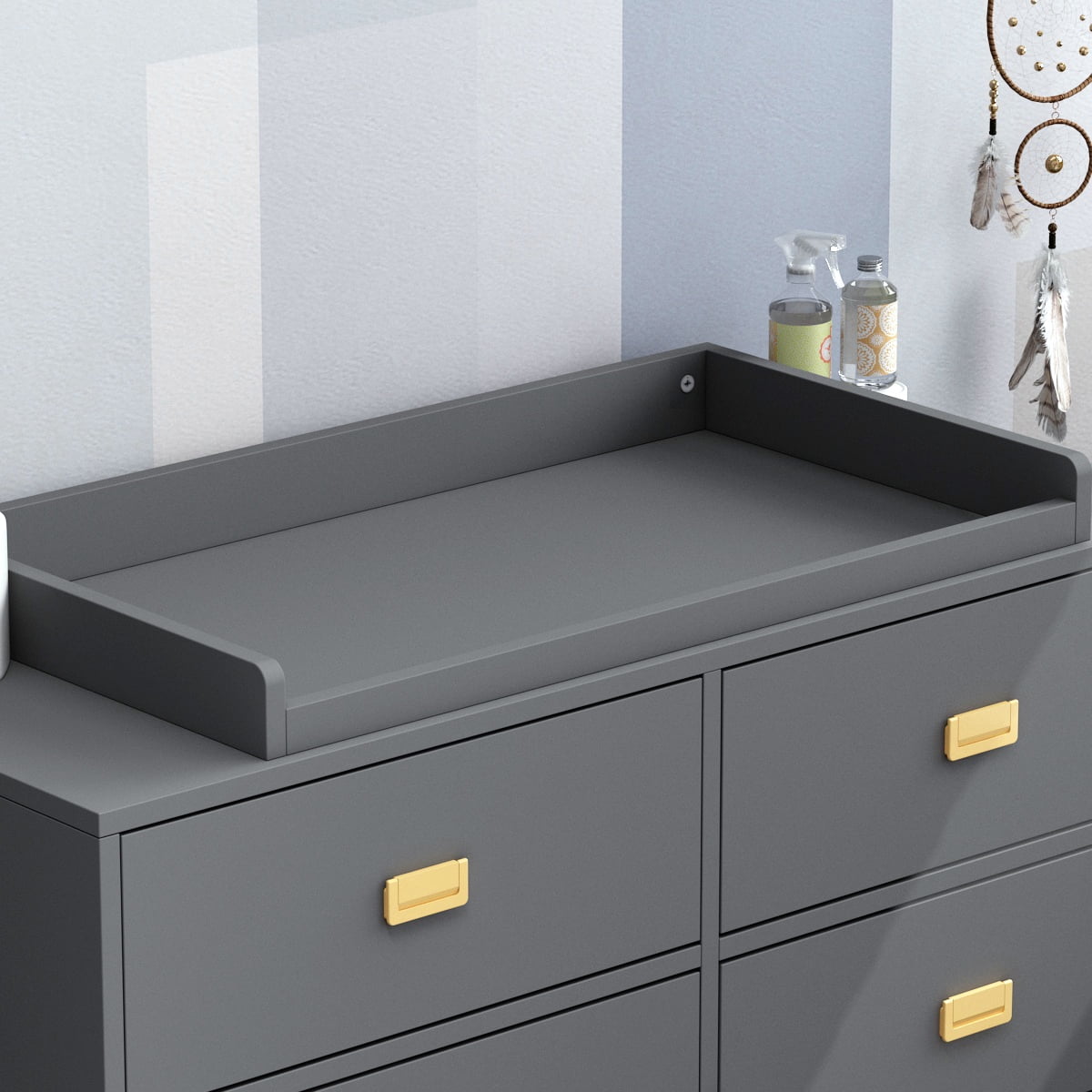 MONSLIPA 6 Drawer Double Dresser, Wooden Nursery Dresser Chest with Changing Table Top, Gray