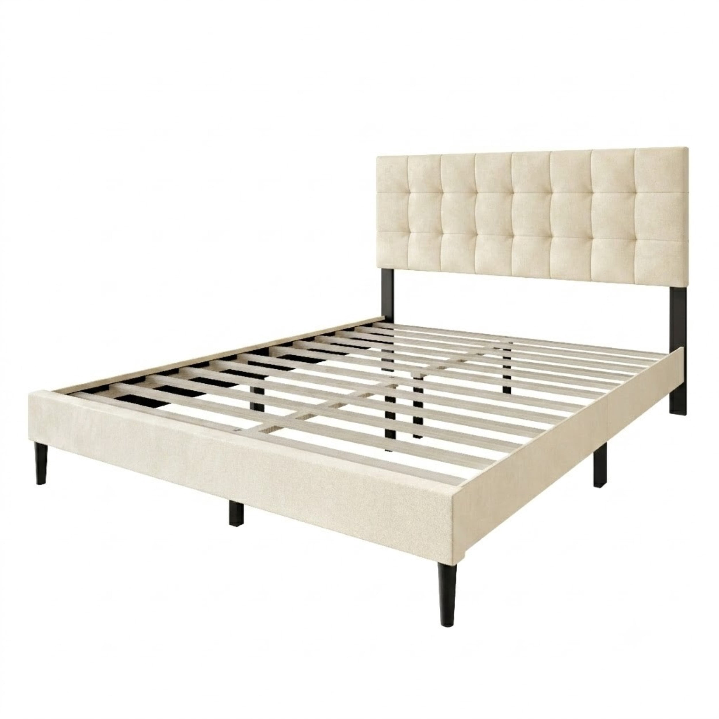 Home Design Marion King Tufted Upholstered Platform Bed Frame with Tufted Headboard and Plush Padding, Beige, Easy Assembly