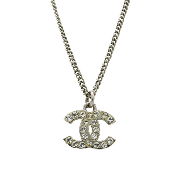 Pre-Owned CHANEL Coco Mark Necklace Pendant Rhinestone Metal Silver F14 V