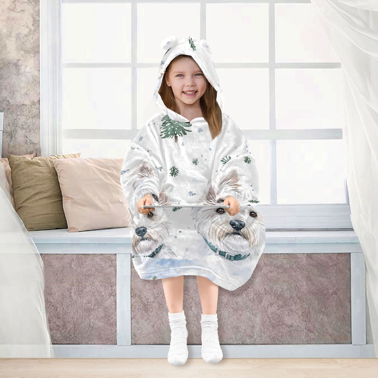 White Dogs Trees Oversized Wearable Blanket Hoodie Sweatshirt Flannel for Unisex Girls Boys