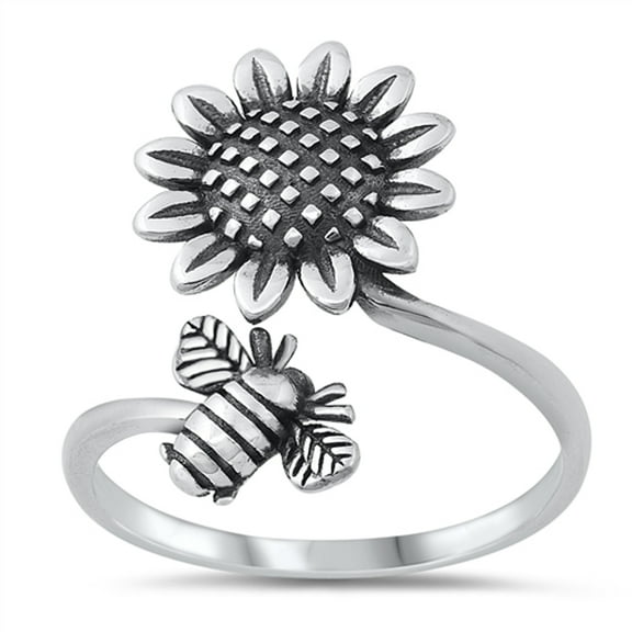 Oxidized Sunflower Bee Open Fun Ring .925 Sterling Silver Band Jewelry Female Male Unisex Size 7