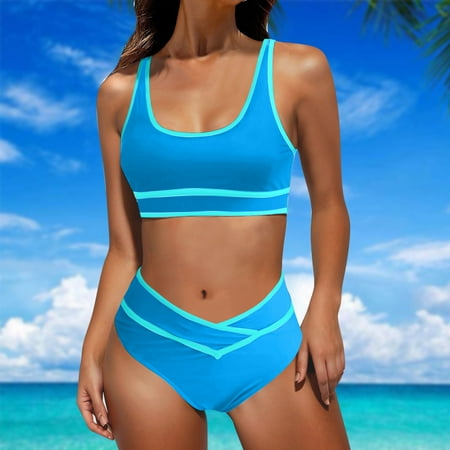 OWMEOT High Waisted Bikini Sets for Women Sporty Two Piece Swimsuits Color Block Cheeky High Cut Bathing Suits with Padded for Summer Vacation