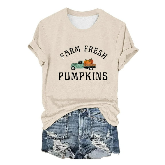 Womens Tops Fresh Pumpkins Fall Crew Neck Tee Funny Cute Graphic Short Sleeve Shirt Lightweight Breathable Blend Fabric L Sweaters For Women