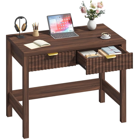 32" Small Fluted Computer Desk with 2 Drawers, Space-Saving Writing Desk for Bedroom and Home Office