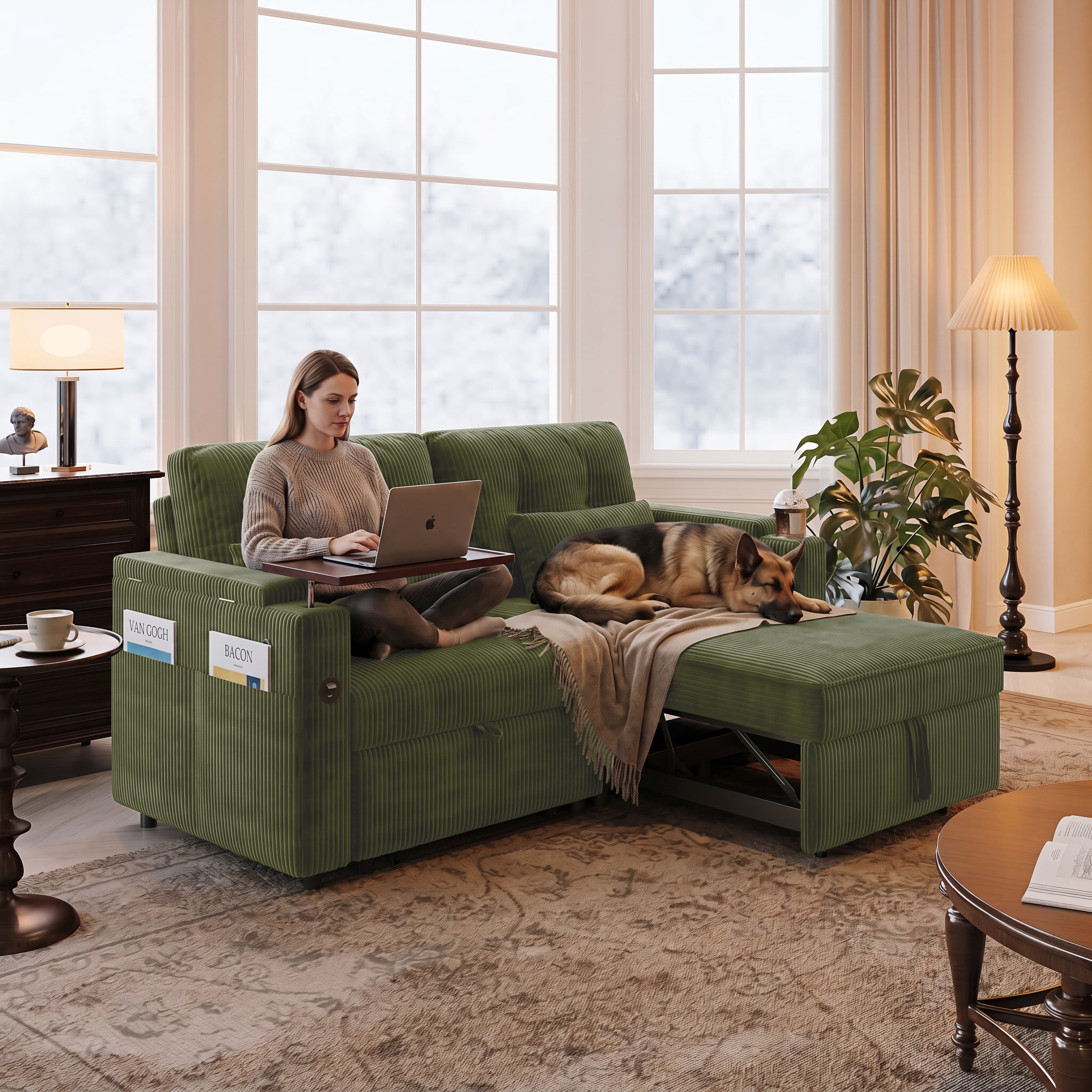 Aukfa 73" 3-in-1 Convertible Sleeper Sofa Bed, Corduroy Pull-Out Couch with 360° Swivel Side Table, USB Ports & Storage Armrests, Oversized Queen, Green