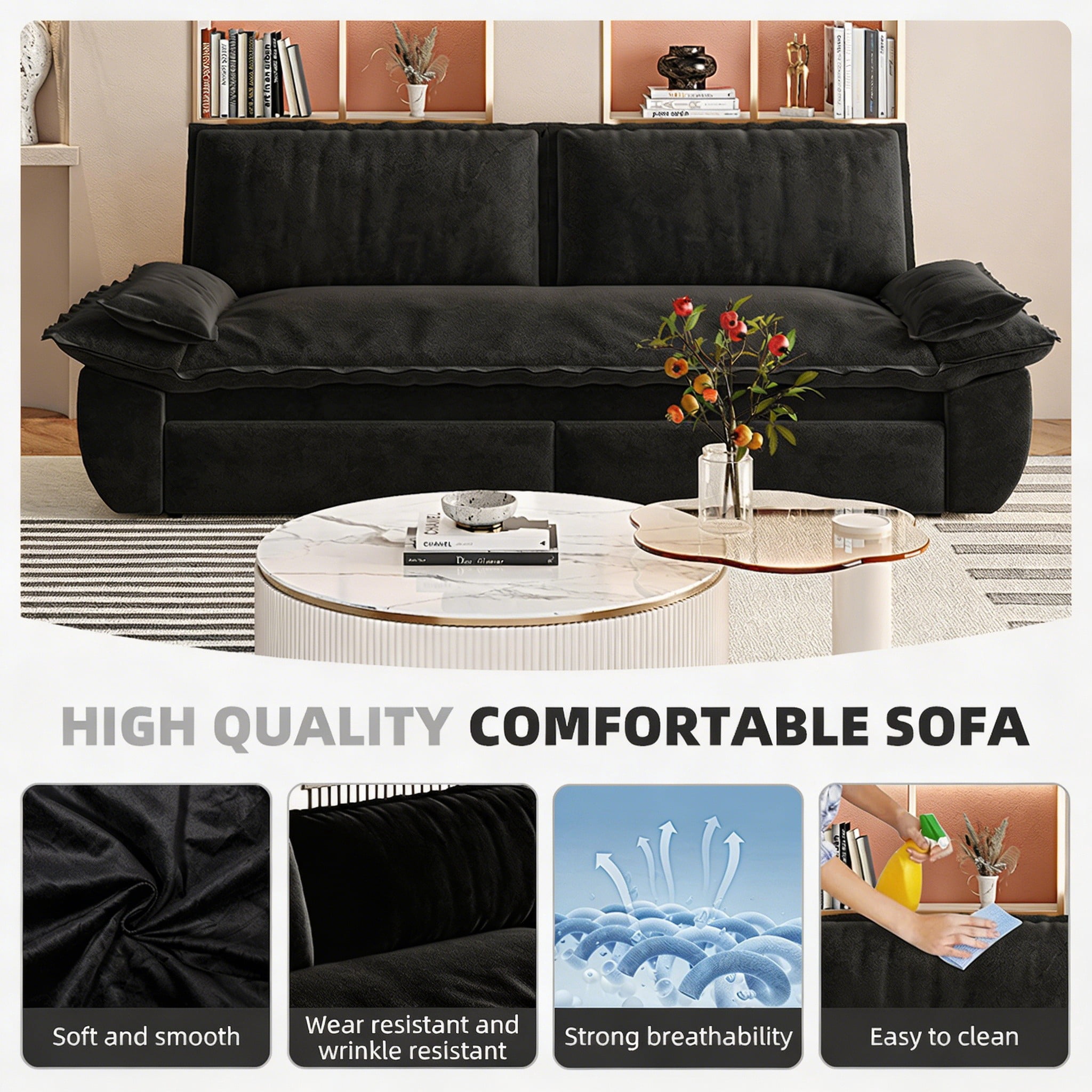 Multi-Functional Velvet 3-in-1 Convertible Sofa Bed, Queen Size Sleeper Loveseat with 2 Pillows, Black