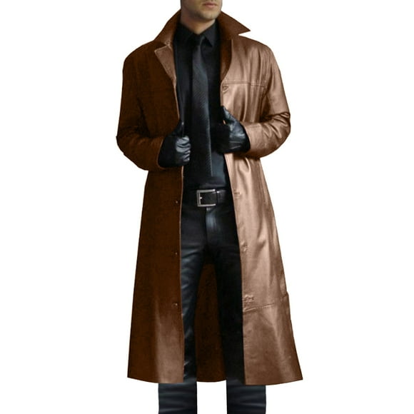hopeusnice Men's Long Trench Coat Lapel Faux Leather Overcoat Slim Fit Gothic Long Windbreaker Outwear Brown L