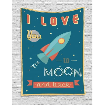 Navy And Coral Decor I Love You Tapestry, Spaceship Galaxy Stars Cosmos Love Theme Retro Inspirational Letters, Wall Hanging for Bedroom Living Room Dorm Decor, 40W X 60L Inches, Dark Blue and Coral, by Ambesonne ()