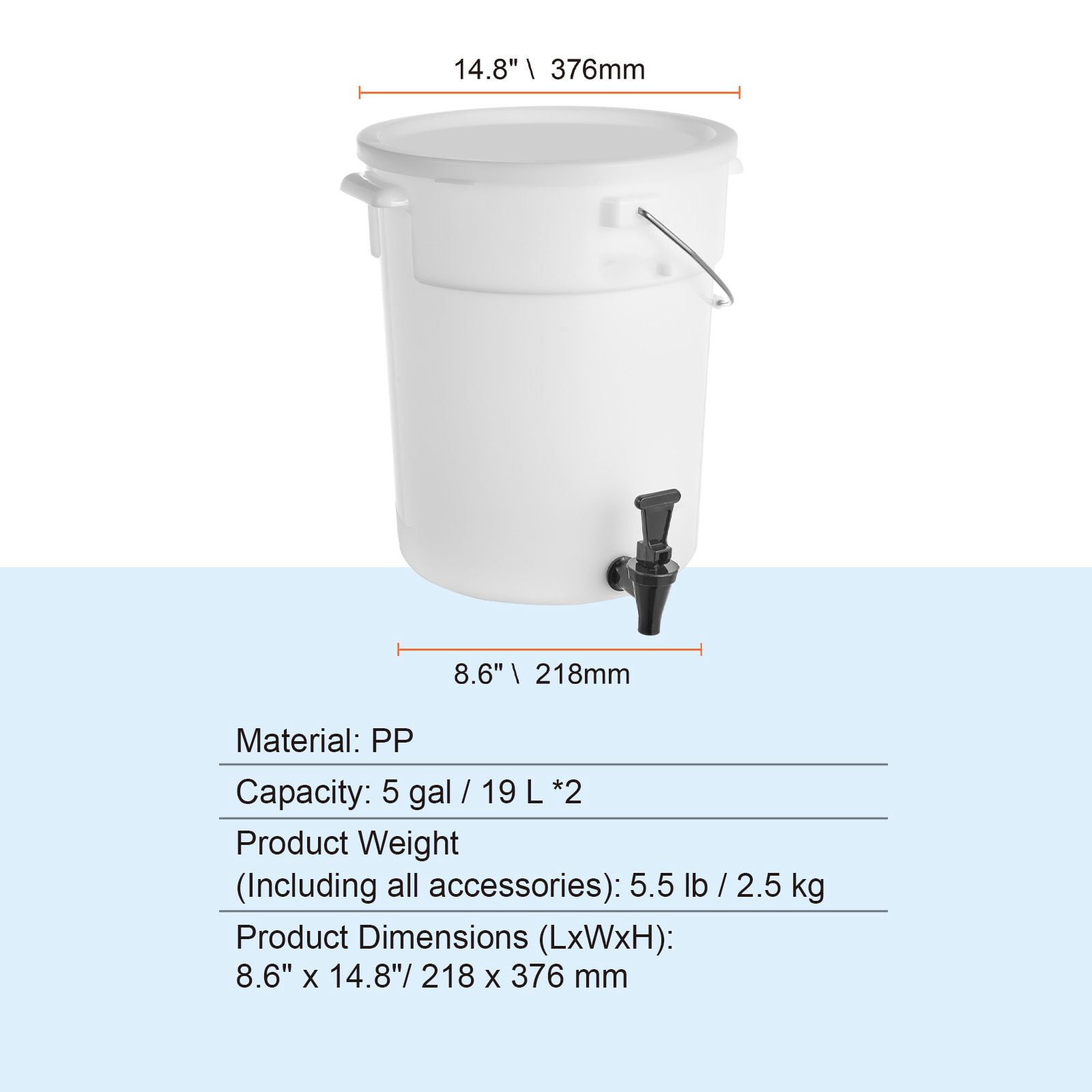 5 Gallon Plastic Beverage Dispenser with Spring-Loaded Spigot, PP/PC Material, Sealing Lid, for Parties Restaurants Events