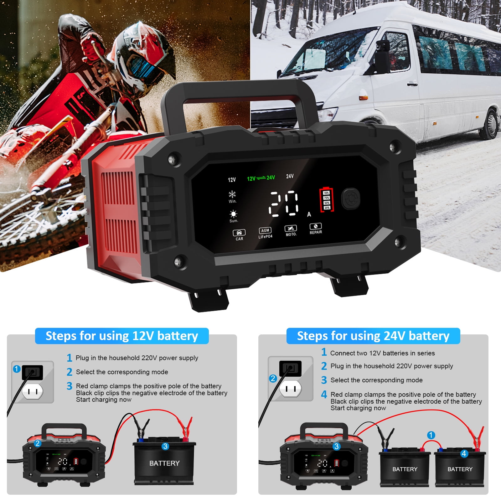 20Amp Battery Charger,12/24V Lifepo4 Lead Acid Automatic Smart Battery Charger, Portable Automotive Trickle Charger, Automobile Battery Maintainer, for Car Truck Motorcycle