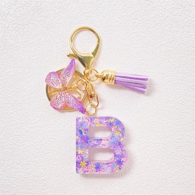 Feltree Initial Letter Keychains for Women Tassel Purple Cute Car Keychain for Wallet Backpack Bag