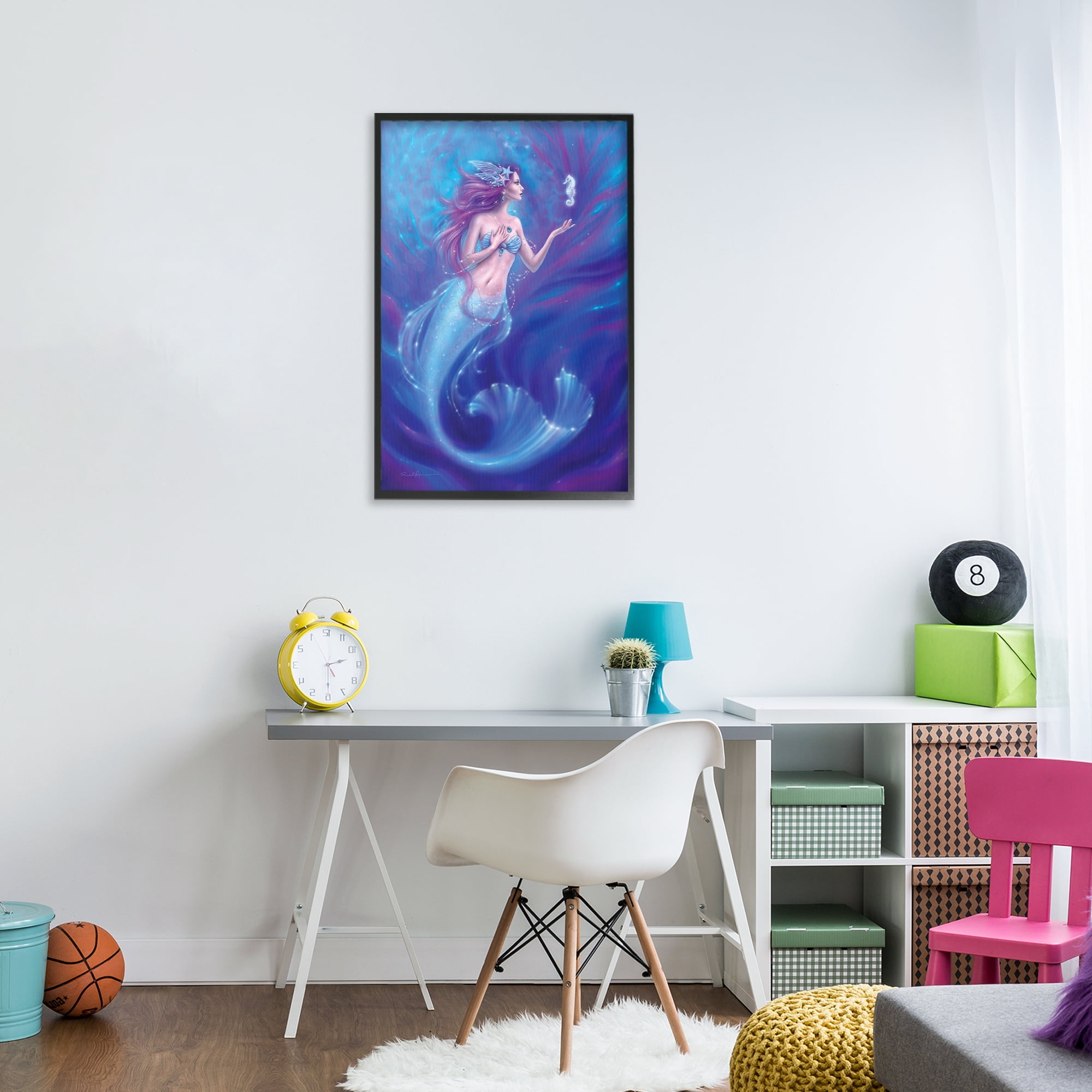 Jewel Bedecked Mermaid & Seahorse Black Framed Giclee Art, design by Rachel Anderson