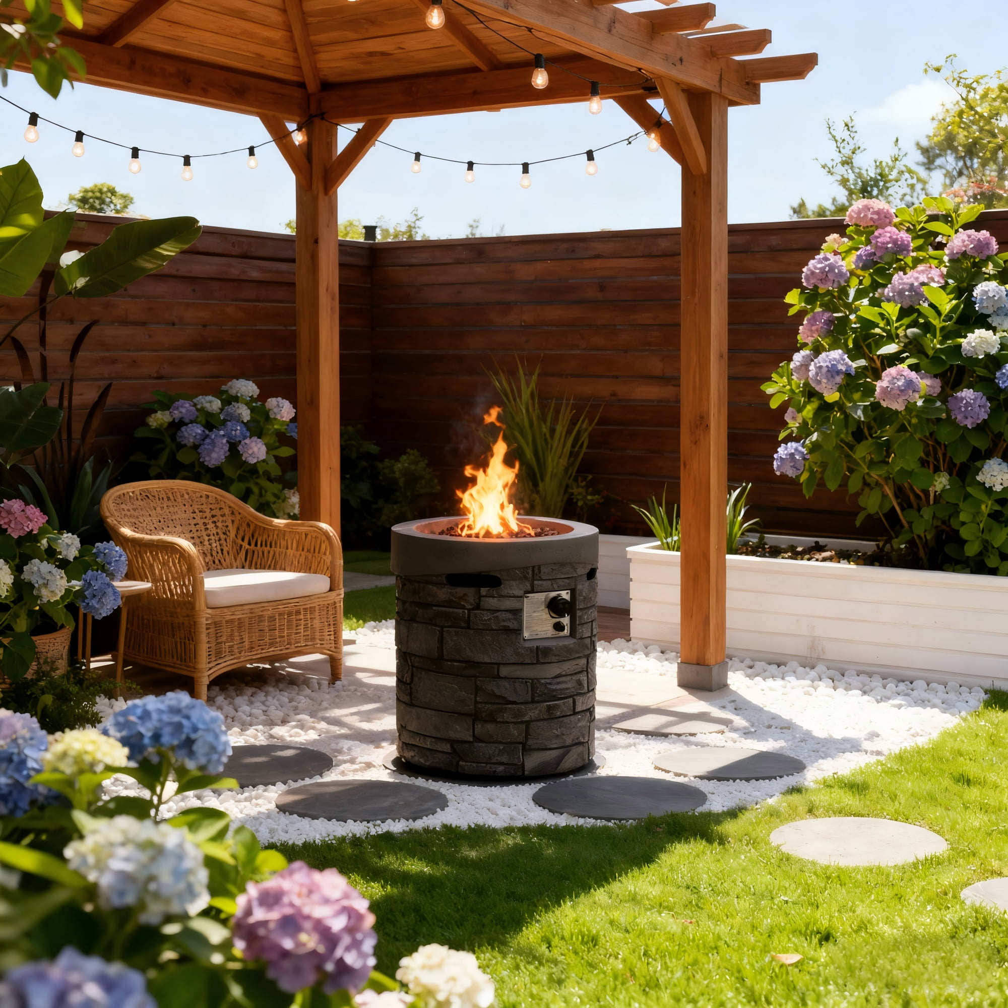 19.7" Gas Fire Pit with Magnesium Oxide Cultured Stone Finish,Contain Rainproof Cover and Lava Rocks, 32000 BTU / Gray