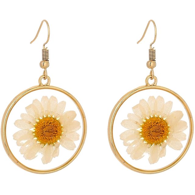 Pendientes de poste de plata de flor prensada para mujer Hipoalergénico Flor de margarita Resina Círculo redondo Cuelga Pendientes de gota Joyería de moda para mujeres Niñas kaili Sencillez