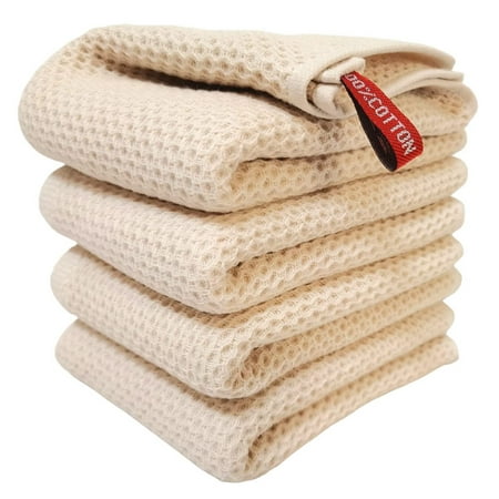 

Cotton Waffle Weave Check Plaid Dish Cloths 4-Pack Super Soft and Absorbent Dish Towels Quick Drying Dish Rags 12 x 12 Inches Beige & Brown