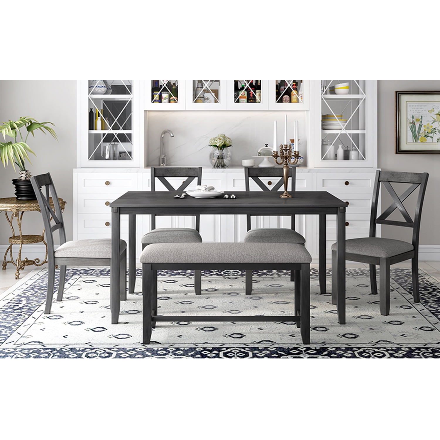 Kadyn 6-Piece Kitchen Dining Table Set Wooden Rectangular Dining Table, 4 Fabric Chairs and Bench Family Furniture (Grey)