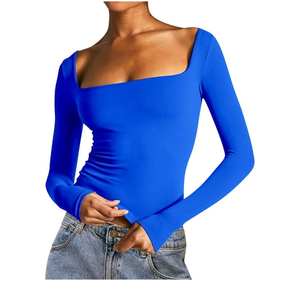 Chbgutlmr Going out Tops for Women Square Neck Slim Fitted Casual Comfy Solid Color Fall Basic Crop Tops