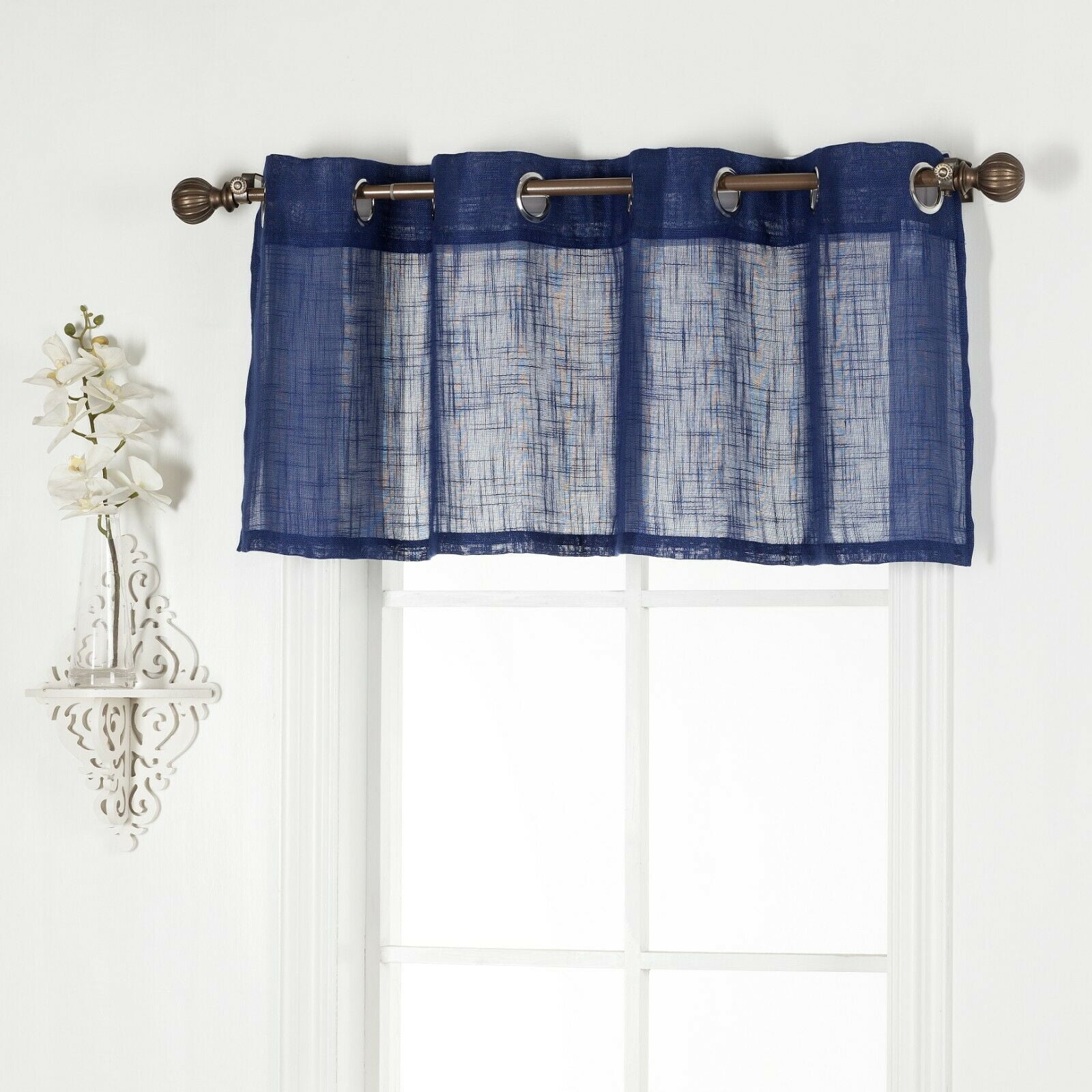Kitchen Valance Linen Textured Semi Sheer Curtain 18 inch Long Grommet Top Privacy Protection Curtain Valance, 1 Piece (Navy Blue)
