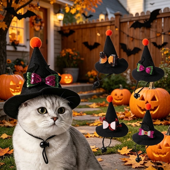 FEOLGEHLY Halloween Pet Hat Witch Hat Mini Hat with Pointed Shape Bow Pom Pom Elastic Strap for Dogs Cats Party Costume Dress Up Photo Prop Black Pet Costume (A)