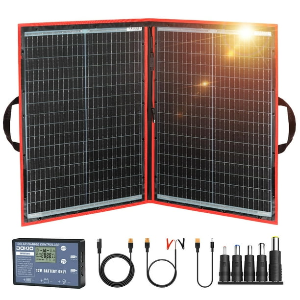 DOKIO Kit de panel solar plegable portátil de 110 W 18 V (21 x 28 pulgadas, 5,9 lb), controlador solar 2 salidas USB para cargar baterías de 12 V/estación de energía (AGM, Lifepo4) Rv Camping Trailer
