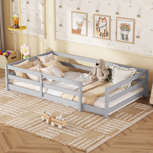 YINGYING Twin Size Floor Bed, Wood Modern Montessori Floor Bed Frame with Fence for Girls, Boys