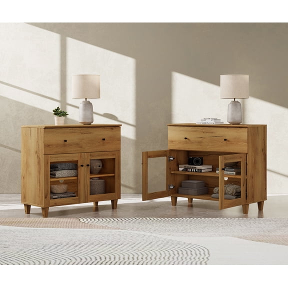 Large Bedroom Nightstands with Glass Doors - Set of 2, Bedside Table with Drawer, Shelf and Cable Management, Brown