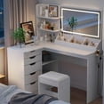 thumbnail image 2 of Furmax L Shaped Vanity Desk Set Corner Makeup Vanity Set with Adjustable LED Lighted Mirror & Power Outlets Dressing Table with Organizers, and Cushioned Stool, White, 2 of 7