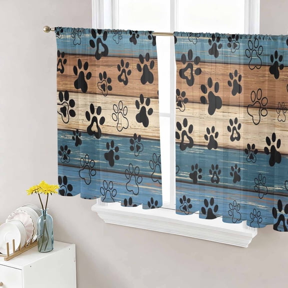 Navy Blue Brown Sheer Curtains 54 Inch Length 2 Panels Set Window Treatments, Rustic Farmhouse Dog Paw Vintage Rod Pocket Semi Curtains for Living Room/Bedroom/Kitchen Décor, 104"W x 54"L