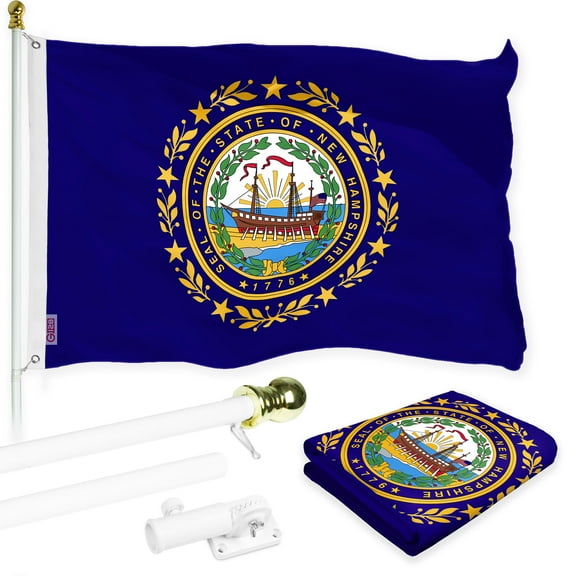 G128 Combo Pack: 6 Ft Tangle Free Spinning Flagpole (White) & New Hampshire Flag 3x5 Ft Printed 150D Polyester, Brass Grommets (Flag Included) Aluminum Flag Pole