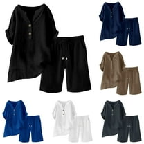 Jinhomg Two Piece Sets for Women Dressy Long Sleeve V Neck Button Pullover Tops Tracksuits Loungewear Comfy Suit Navy,S