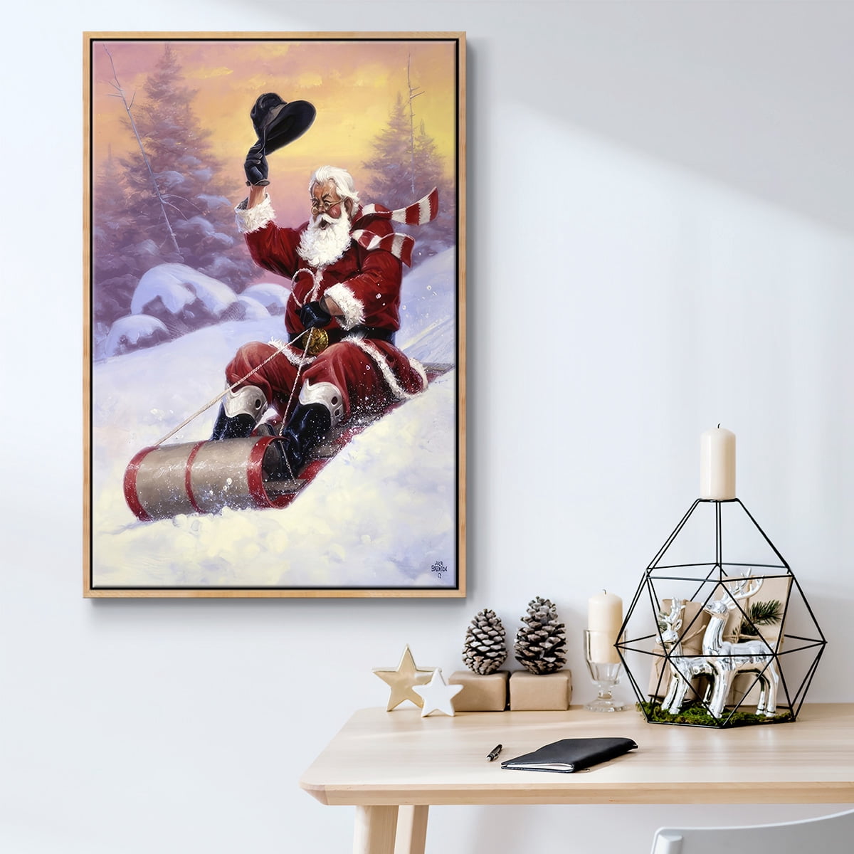 Here Comes Santa - Framed Gallery Wrapped Holiday Canvas - 17 x 25 - Natural Wood Frame