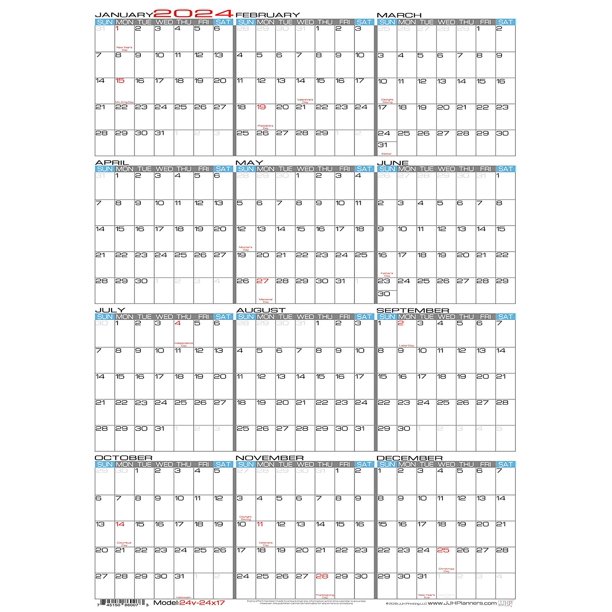 Erasable Wall Calendar 2023 JJH Planners Laminated 24" x 17" Medium 2024 Erasable Wall Calendar Vertical 12 Month