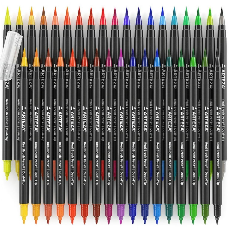 Arteza Dual Tip Brush Pens, 24 Bright and Neon Tones, EverBlend Watercolor Calligraphy Markers with Nylon Brush and Medium Chisel Tip, Water-Based