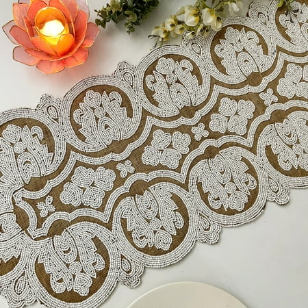 

Handmade beaded table runner pearl bead on burlap multicolor 13x36inch
