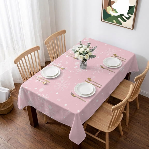 Pink Christmas Snowflake Table Cloth Waterproof Tablecloths, Winter Snowflake Xmas Tablecloth Dining Table Cover for Kitchen Party Tabletop Outdoor, Rectangle Tablecloth 60x84 Inch