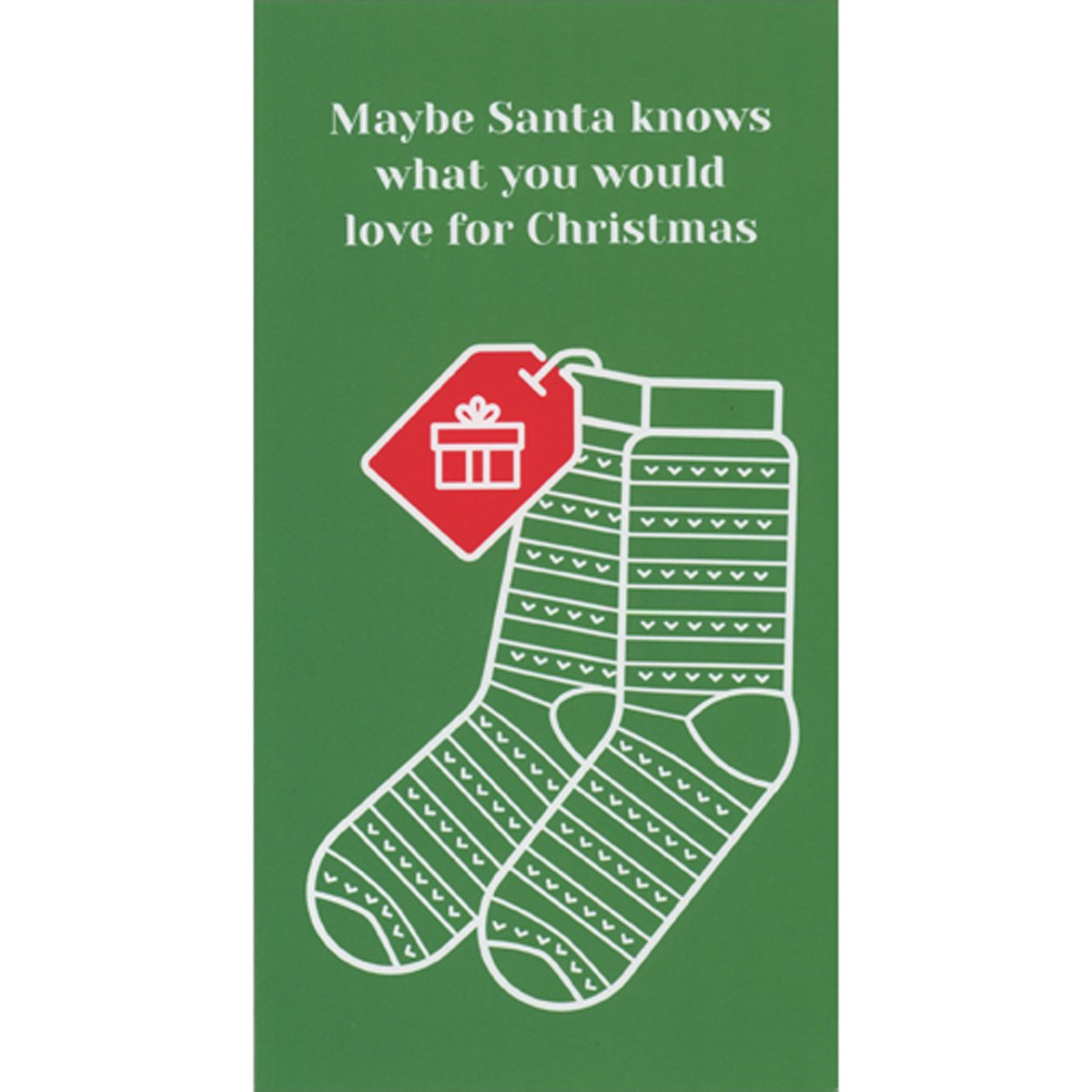 RSVP Maybe Santa Knows What You Would Love: Socks with Red Tag Money Holder / Gift Card Holder Christmas Card