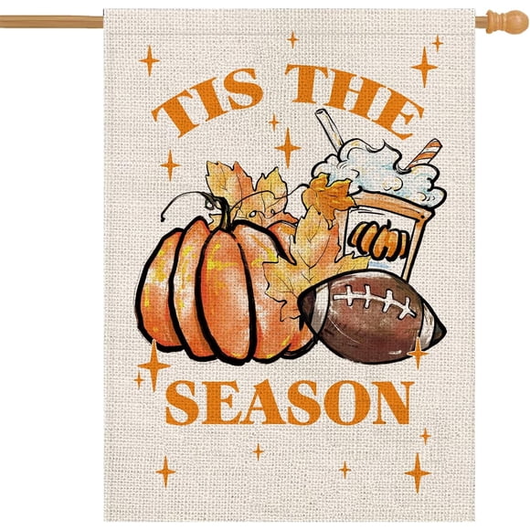 Fall House Flag Football Pumpkin Leaves Double Sided Outside Vertical Rustic Autumn Seasonal Holiday Welcome Yard Decoration Lawn Outdoor Decor 28x40 Inch