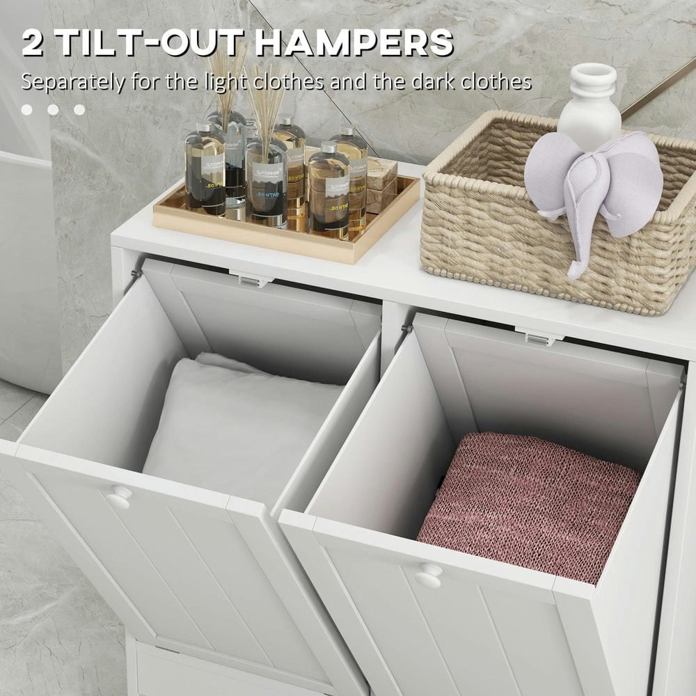 Barara King Laundry Hamper, Laundry Hamper Cabinet,Bathroom Tilt-out Laundry Storage Cabinet with 2 Compartment Hampers, White