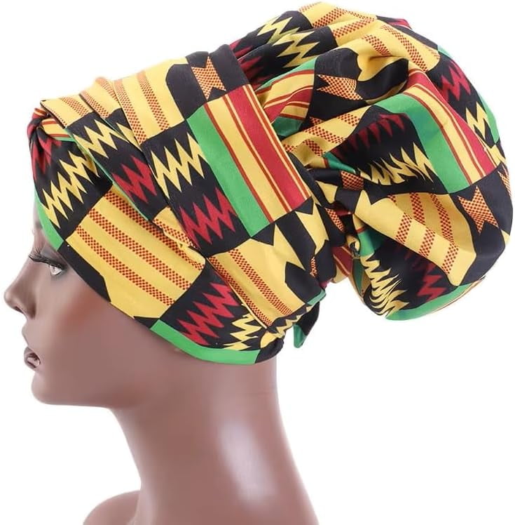 African Print Satin Silk Bonnet – Double-Layer Sleeping Hat With Long Ribbon Wrap, Ankara Design, Large Size Hair Cover For Ultimate Comfort Yellow