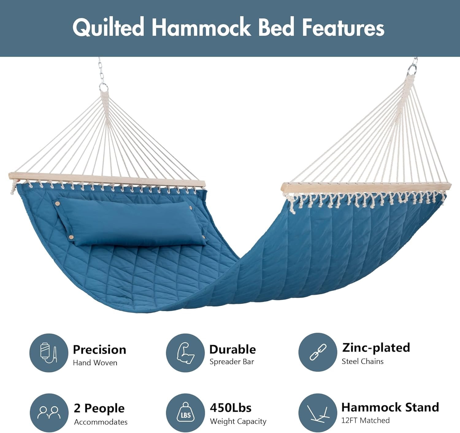 Quilted Hammock with Spreader Bars and Detachable Pillow, Large Hammock for Outdoors Indoors, 450 LBS Weight Capacity, Blue