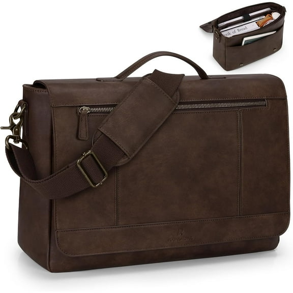 Leather Messenger Bag for Men 15.6 Inch Laptop Bag Vintage Briefcase Large Computer Bag Satchel Shoulder Bag For College, Work, Business, Office, Dark Brown
