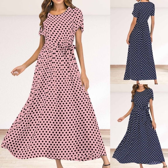 YuXingFu Maxi Dresses for Women Maxi Crew Neck Plus Size Womens Dress Short Sleeve with Pocket Long Casual Summer Navy S
