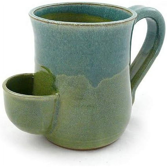 Tea Mug - Hand-Sculpted Stoneware with Tea Bag Holder, 16 oz, Blue/Green, Made in the USA