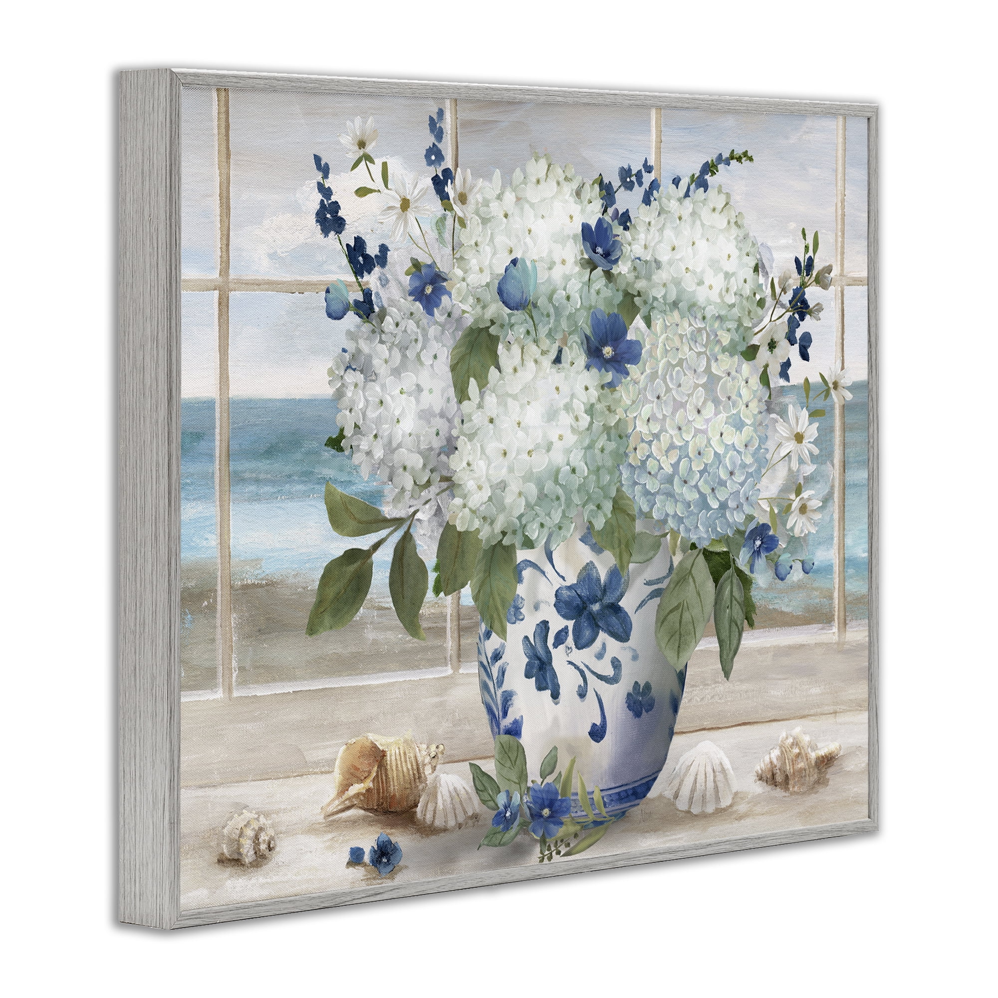 Stupell Industries Seaside Hydrangea Bouquet in Window Gray Framed Giclee Art, design by Nan