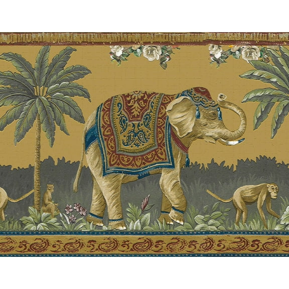 Dundee Deco Peel and Stick Self Adhesive Wallpaper Border - Nature Red, Blue, Mustard, Beige Elephants, Monkeys, 15 ft x 7 in