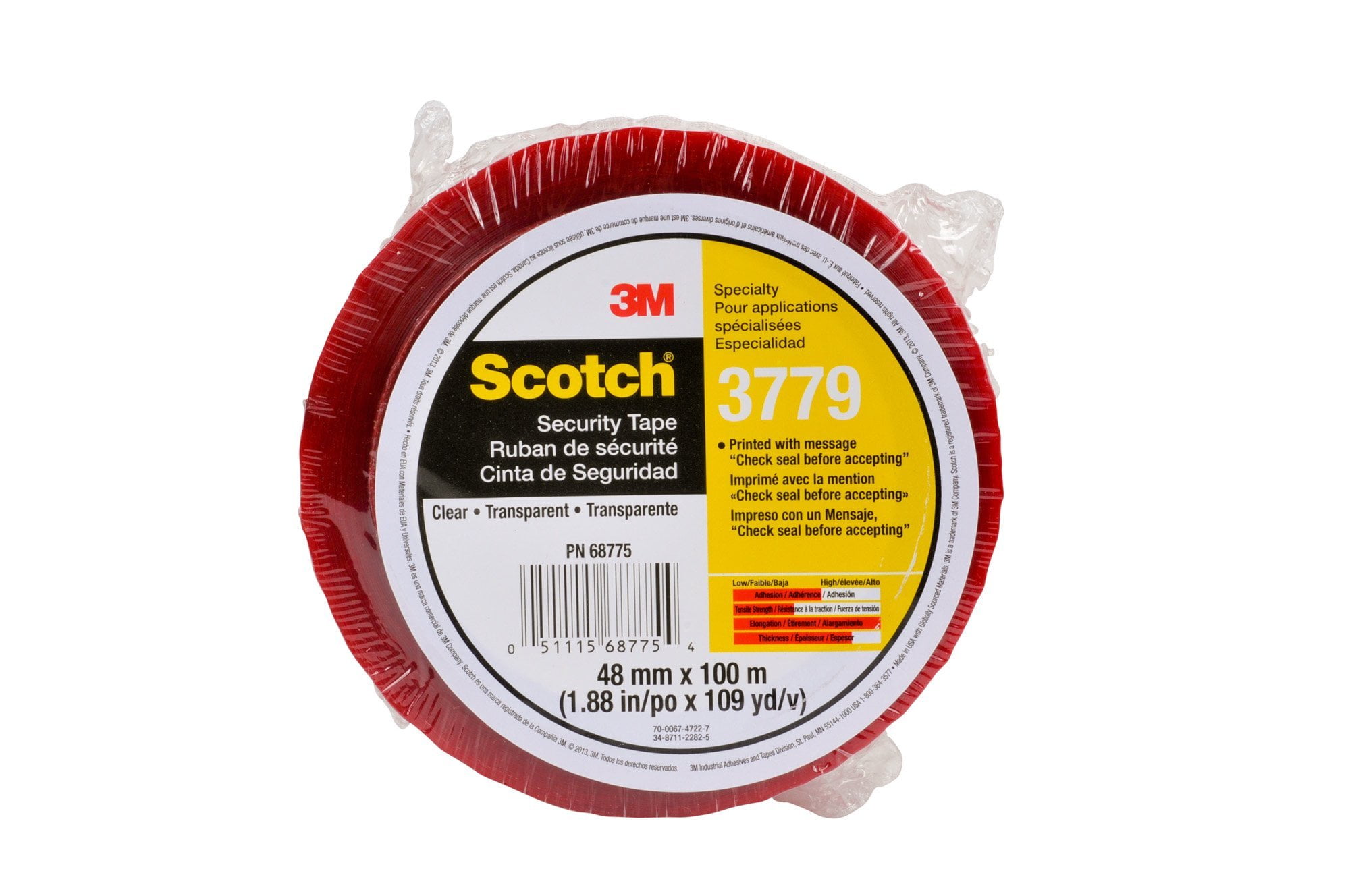 Scotch Carton Tape,Red on Clear,48mm x 100m 3779