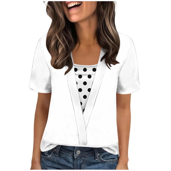 XYAIYT Women's T-Shirts Round Neck 2 In 1 Tops for Women Casual Polka Dot Printed Summer Short Sleeve Blouses
