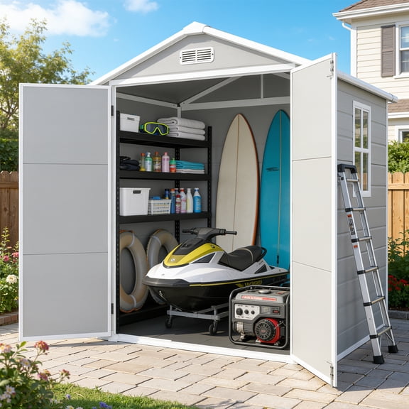 6×4.4ft Outdoor Shed & Storage, Seizeen All-Weather Plastic Sheds with Floor, Sloped Top Garden Shed with Window, Lockable Double Door Resin Patio Storage for Garage Backyard Bike Mower