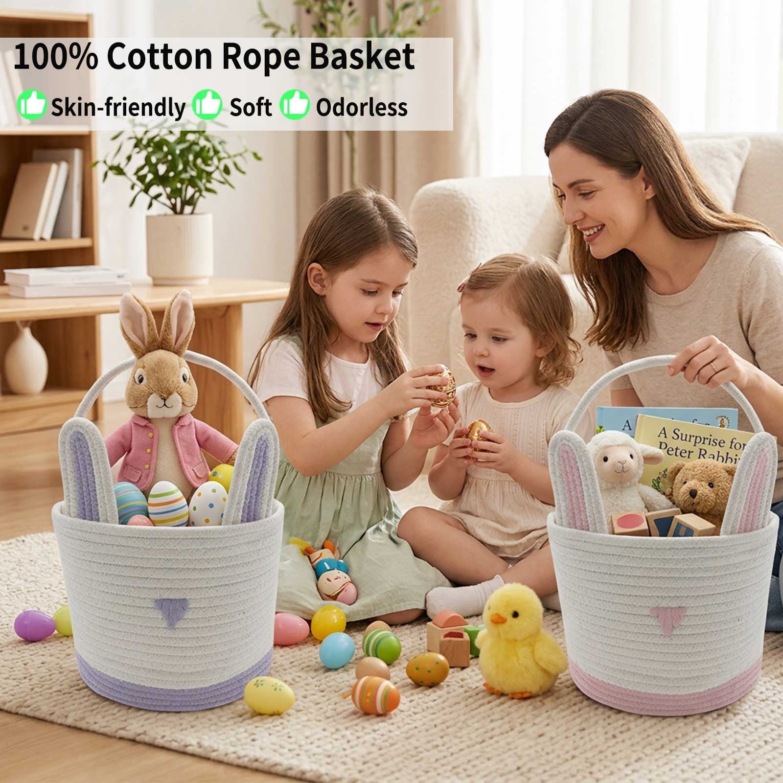 2 Pack Large Woven Easter Baskets for Girls & Boys - Empty Basket with Gift Bags and Ribbons Cute Easter Decorations Bunny Ears Designs (Blue+Purple)