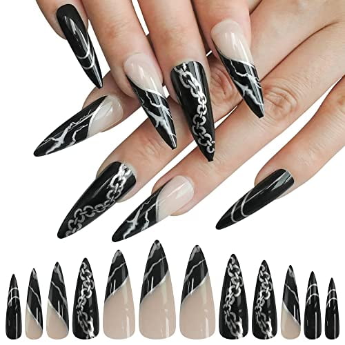 24pcs Stiletto Press on Nails Long Full Cover Glossy Nude Black Chain French Design Acrylic Artificial Fake Nails Stick on Nails